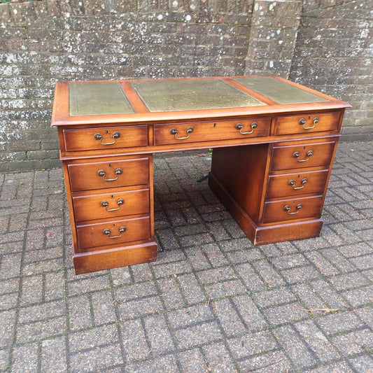 Huge Vintage 60s-70s Mahogany Pedestal Kneehole Desk Faux Green Leather Top FREE HAND Delivery