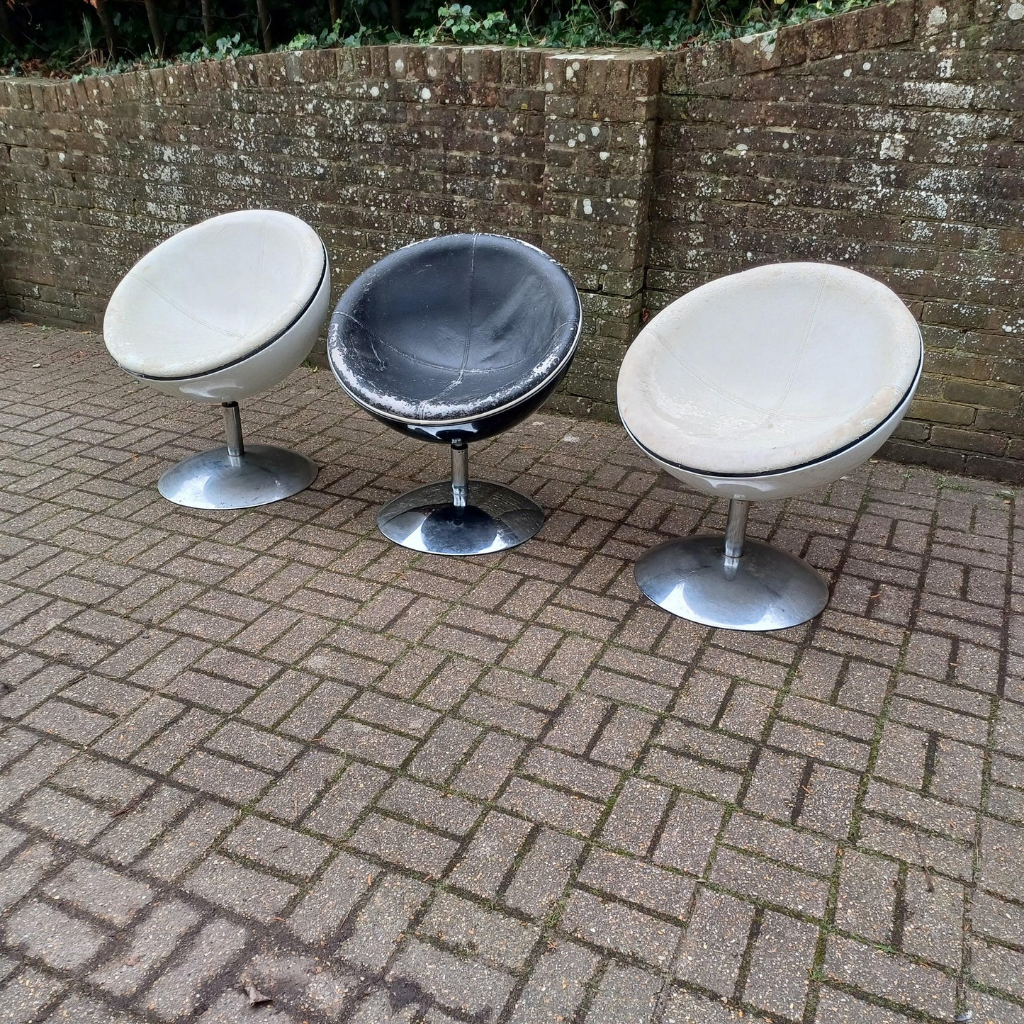 Set of 3 1970s Style Globe Chairs Chrome and Fibre Glass or Plastic Need Work FREE HAND Delivery Revolving