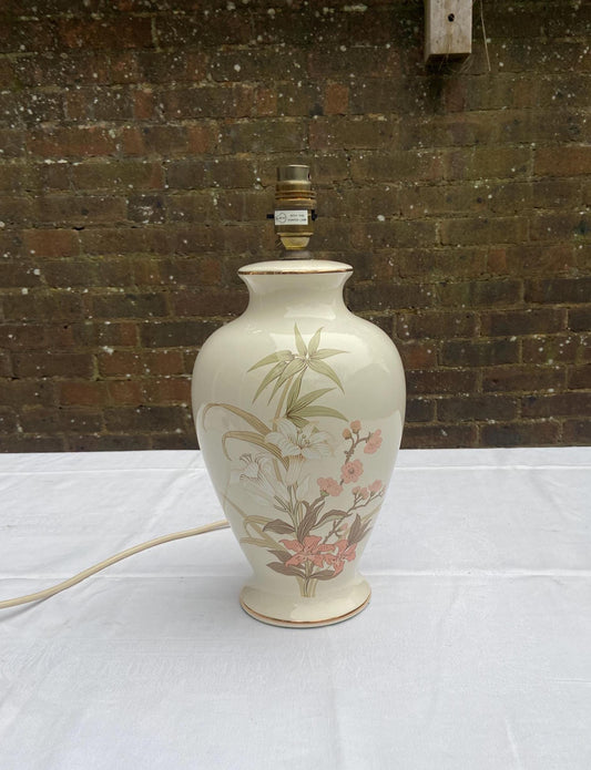 vintage marks and spencer St Michaels ceramic vintage table lamp.  Cream with pink and green floral and leaf details. working vintage 1980s table lamp