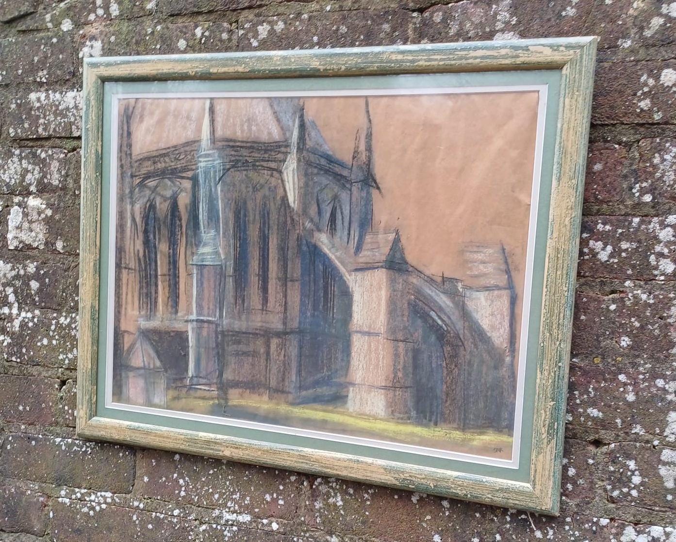 pastel painting of a cathedral building. very good. famous british artist, rothera