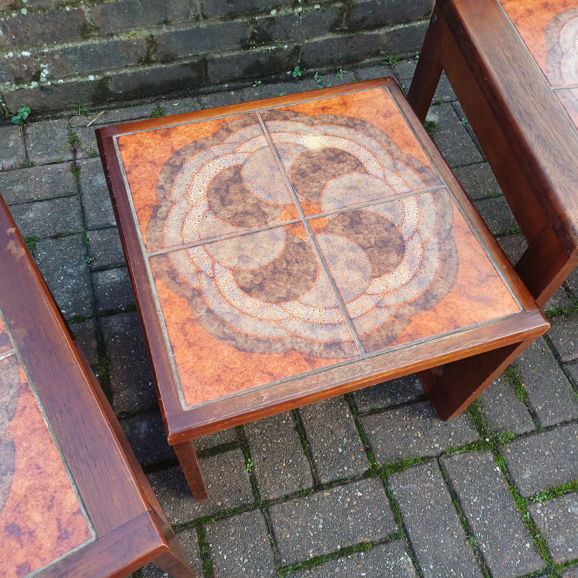Classic Set of 70s Retro Mid Century Tile Top and Teak Hefty Coffee Side Occasional Bedside Tables FREE HAND Delivery