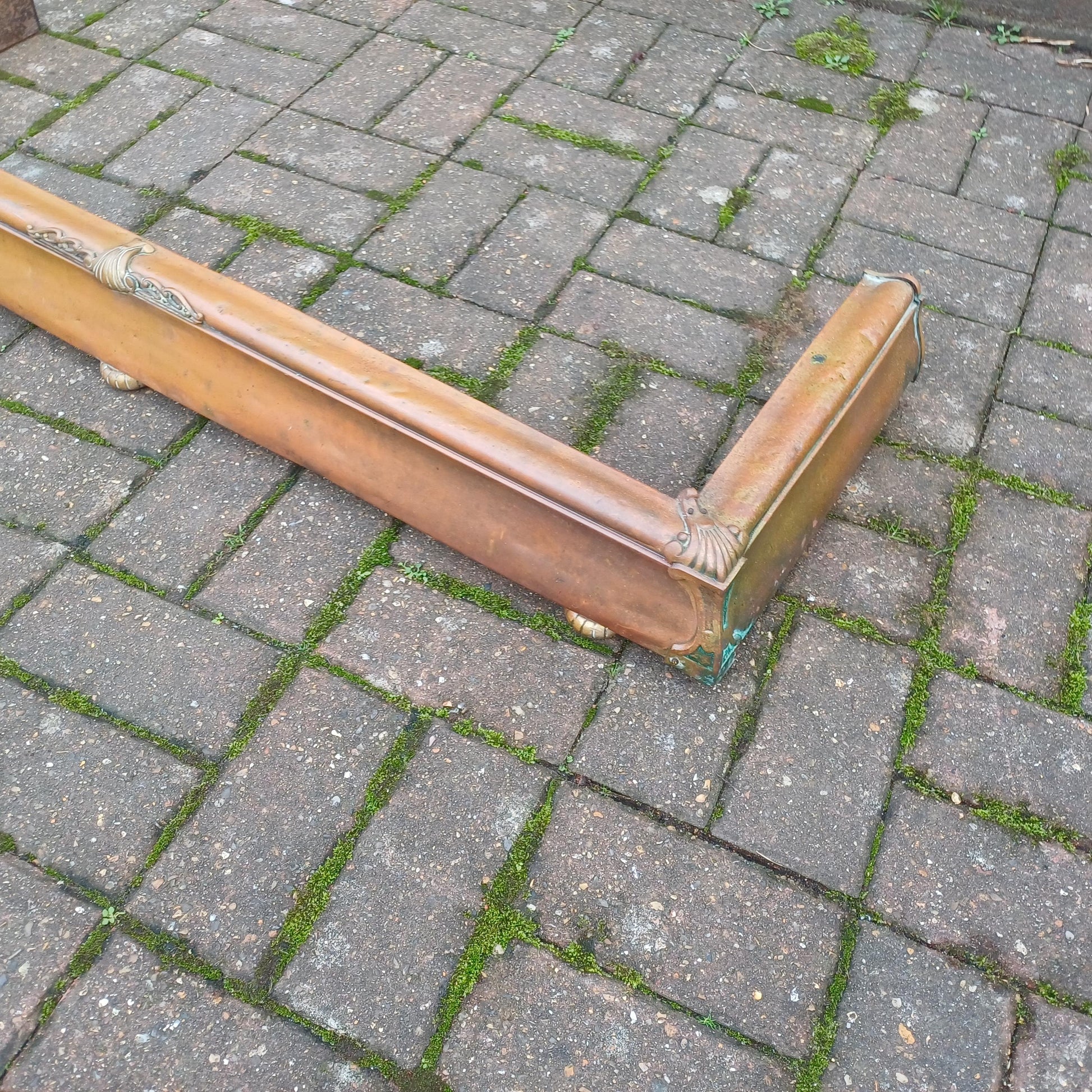 Stunning Age-Worn Brass Fireplace Fender with Original Gold Patina