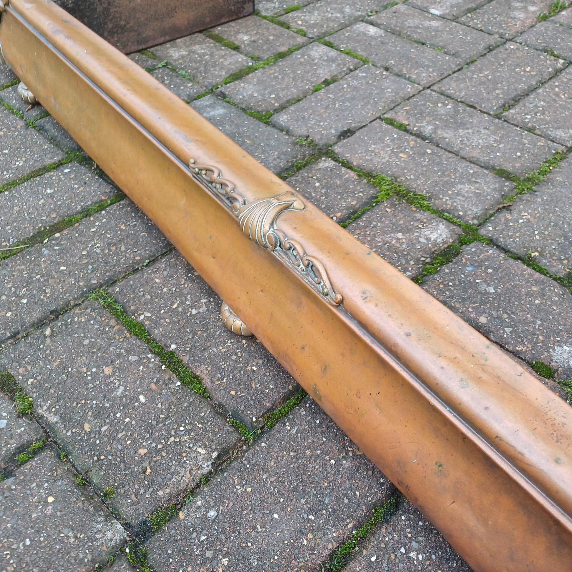Stunning Age-Worn Brass Fireplace Fender with Original Gold Patina