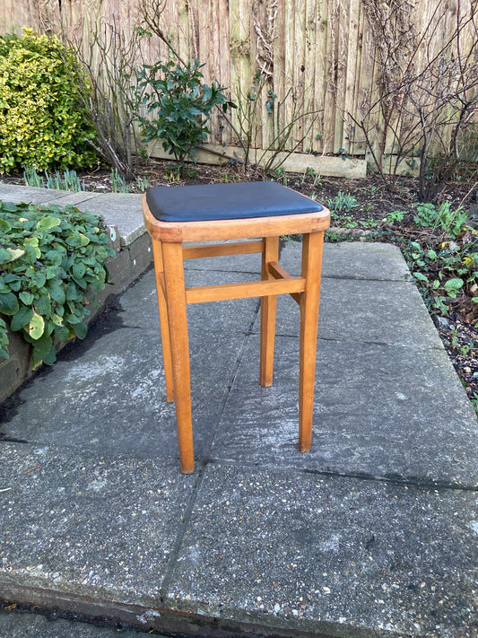 Retro black leatherette wooden stool - kitchen stool, 1970s stool