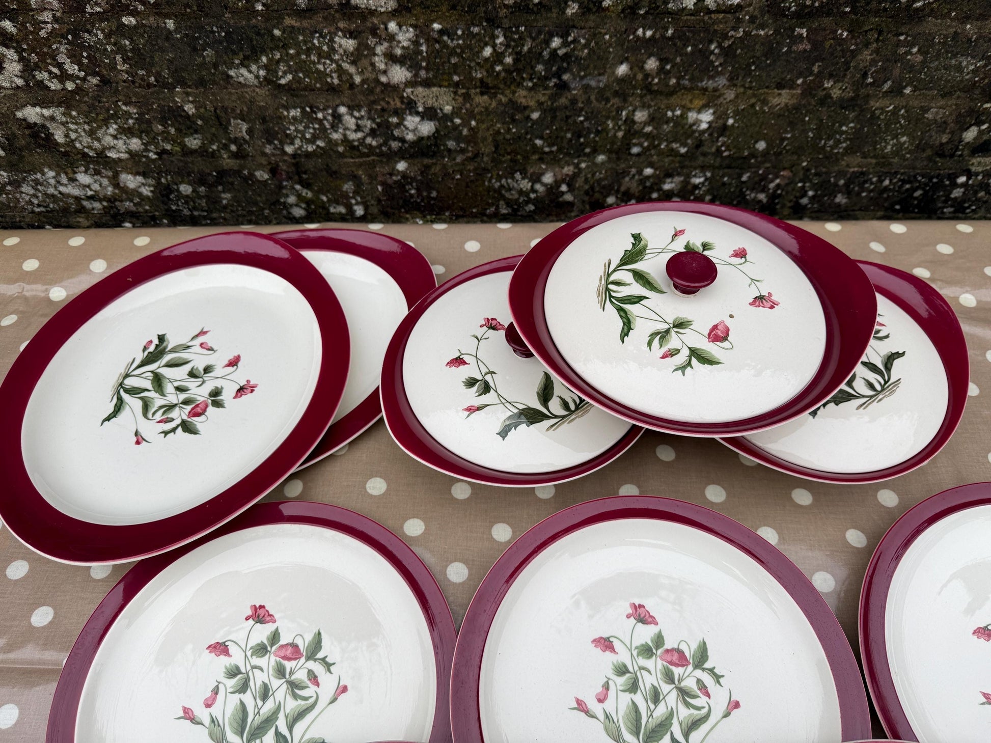 Wedgwood Vintage Retro ‘Mayfield’ 1950s/60’s Dinner Service Pink Poppies and Ruby Red border