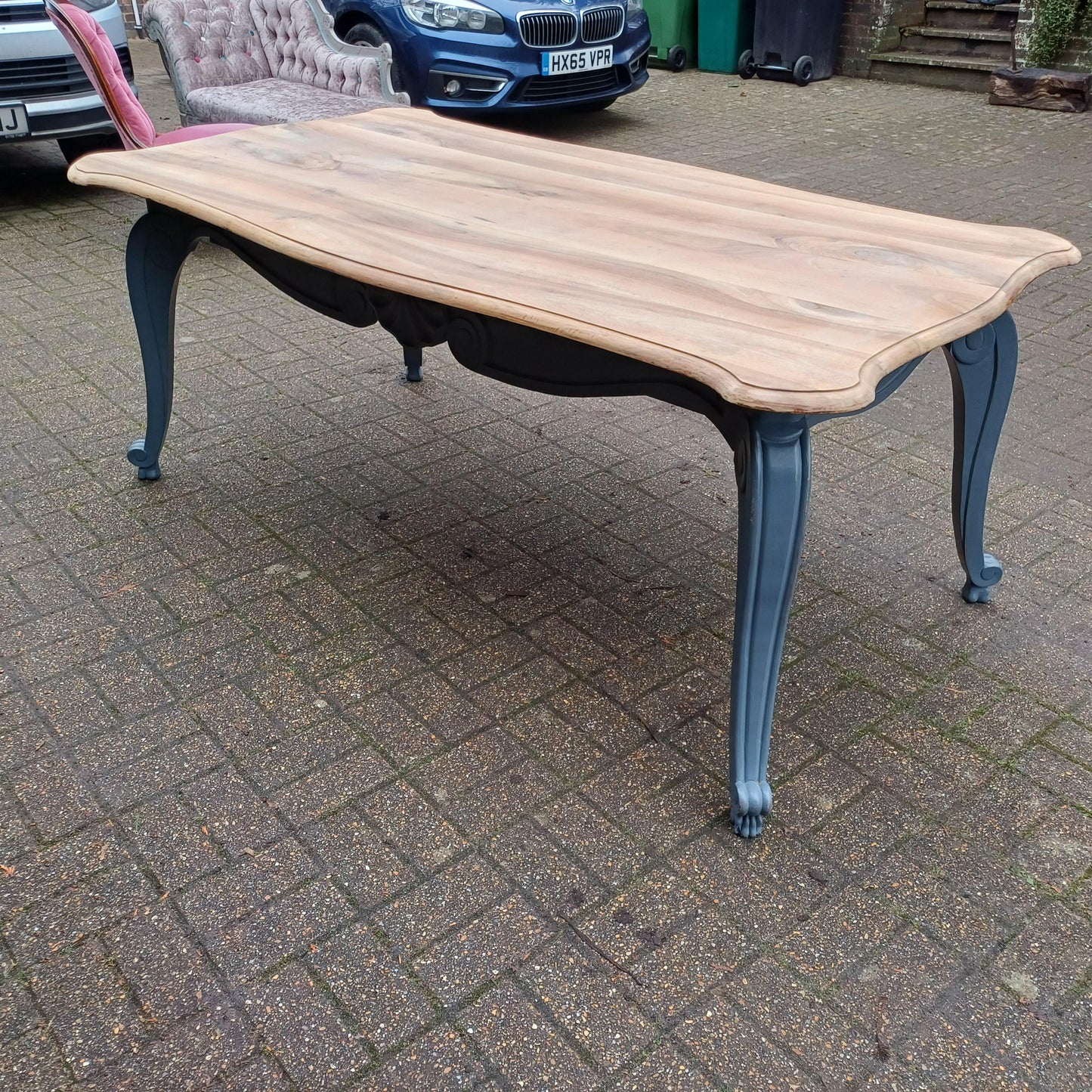 Huge 6ft French Dining Table or Desk. Beautifully Upcycled Painted Grey Base Stripped Wooden Top FREE HAND Delivery