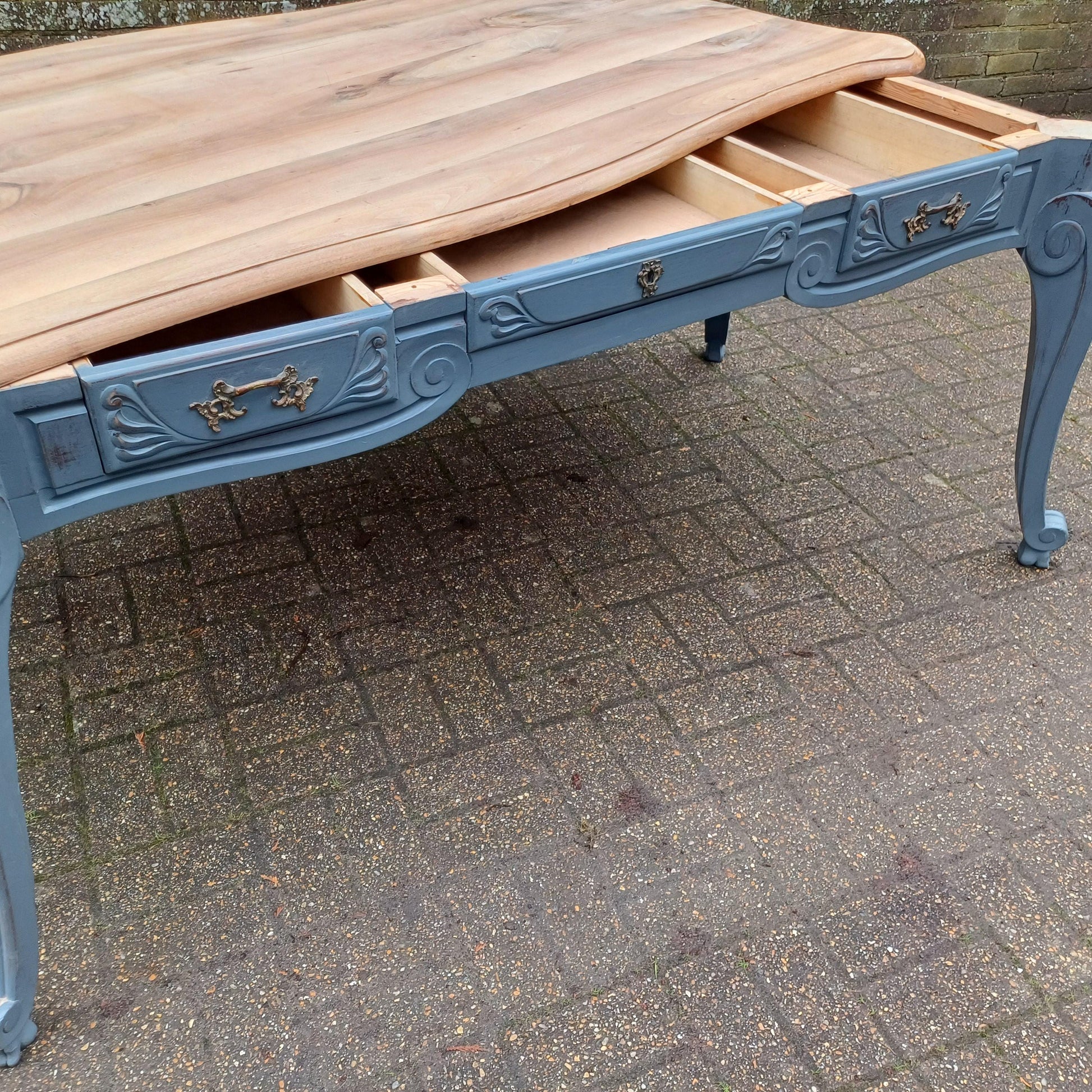 Huge 6ft French Dining Table or Desk. Beautifully Upcycled Painted Grey Base Stripped Wooden Top FREE HAND Delivery