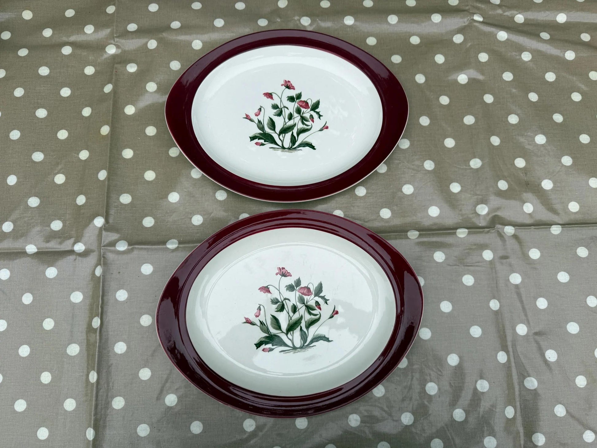 Wedgwood Vintage Retro ‘Mayfield’ 1950s/60’s Dinner Service Pink Poppies and Ruby Red border