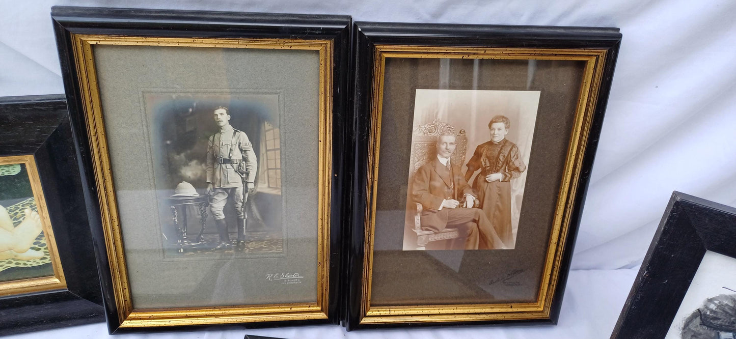 Collection of 6 Vintage Black Gold Pictures Prints Frames Framing Glazed with Boarded Backings Frame Photo Artist Upcycling Project.