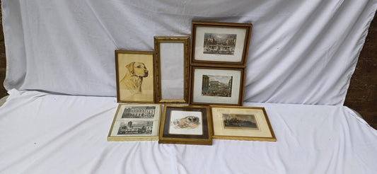 Collection of 7 Gold Vintage Pictures Prints Frames Framing Glazed with Boarded Backings Frame Photo Photograph Artist Upcycling Project.
