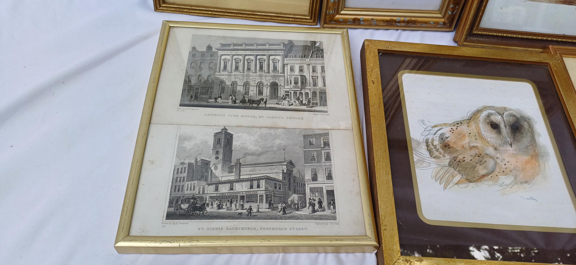 Collection of 7 Gold Vintage Pictures Prints Frames Framing Glazed with Boarded Backings Frame Photo Photograph Artist Upcycling Project.