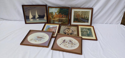 Collection of 7 Wooden Glazed Vintage Pictures Prints Frames Framing Glazed with Boarded Backings Frame Photo Artist Upcycling Project.