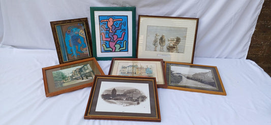 Collection of 7 Wooden Glazed Vintage Pictures Prints Frames Framing Glazed with Boarded Backings Frame Photo Artist Upcycling Project.