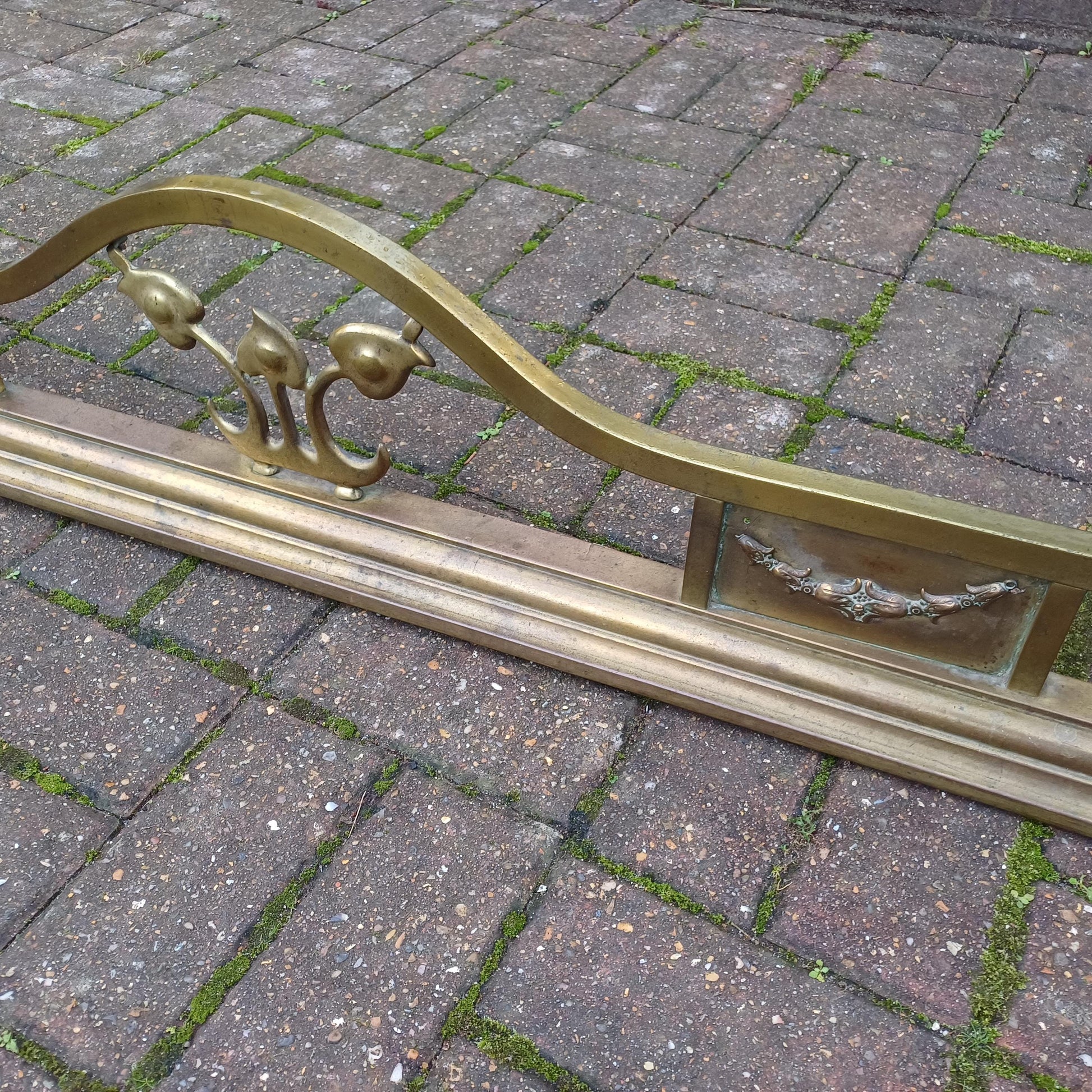 Large Vintage Brass Art Nouveau Fireplace Fender with Aged Gold Patina