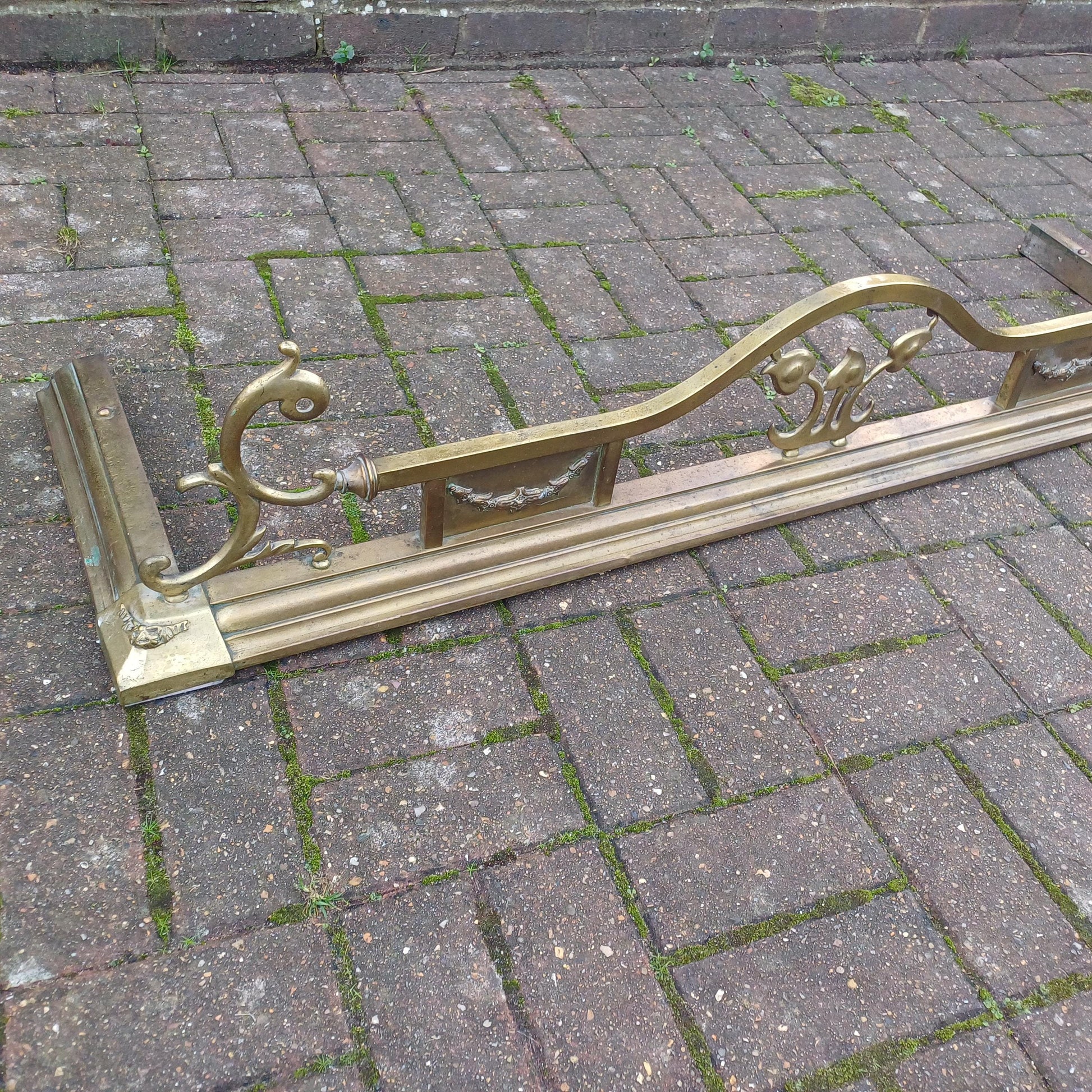 Large Vintage Brass Art Nouveau Fireplace Fender with Aged Gold Patina