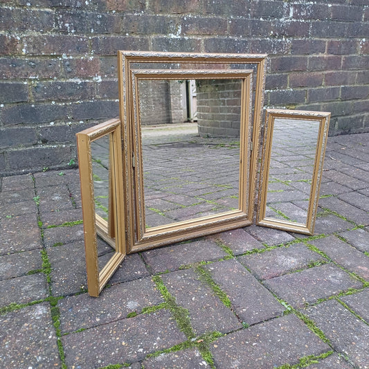 Classic Vintage Retro 70s Gold Gilt Triple Dressing Table Mirror Adjustable