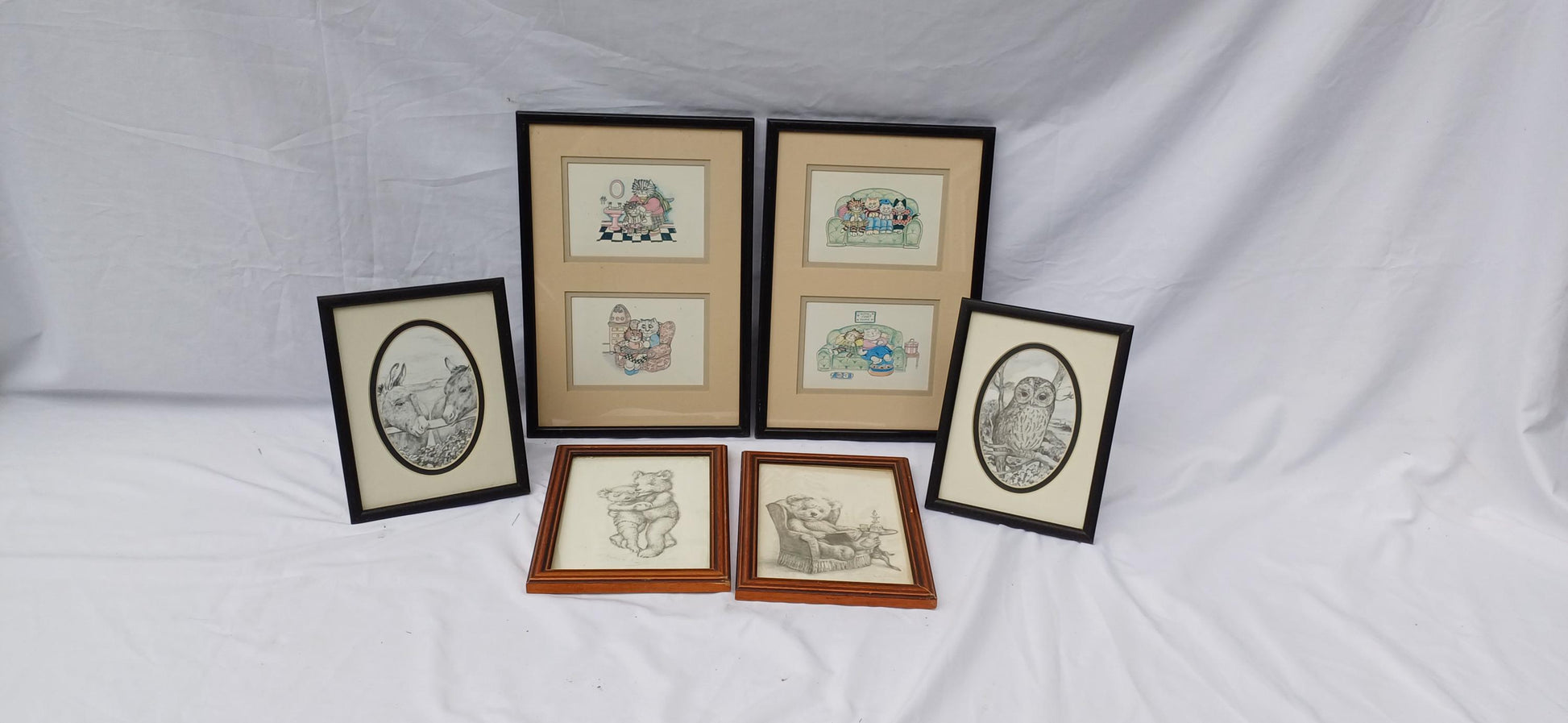 Three Pairs Collection Vintage Pictures Picture Frames Framing Glazed Backings Frame Artist Upcycling Project.Teddies Owl Donkey and Cats.