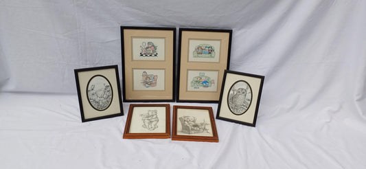 Three Pairs Collection Vintage Pictures Picture Frames Framing Glazed Backings Frame Artist Upcycling Project.Teddies Owl Donkey and Cats.