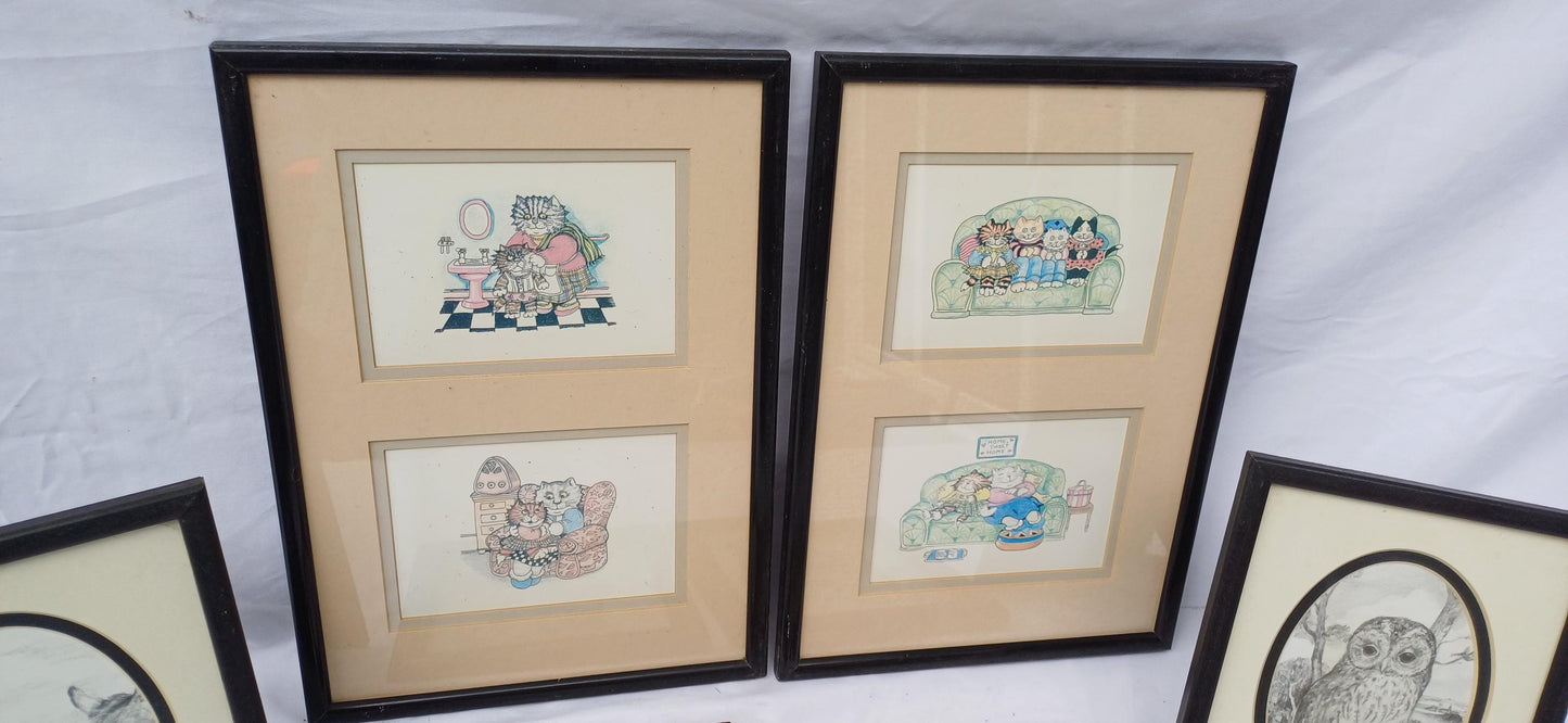 Three Pairs Collection Vintage Pictures Picture Frames Framing Glazed Backings Frame Artist Upcycling Project.Teddies Owl Donkey and Cats.