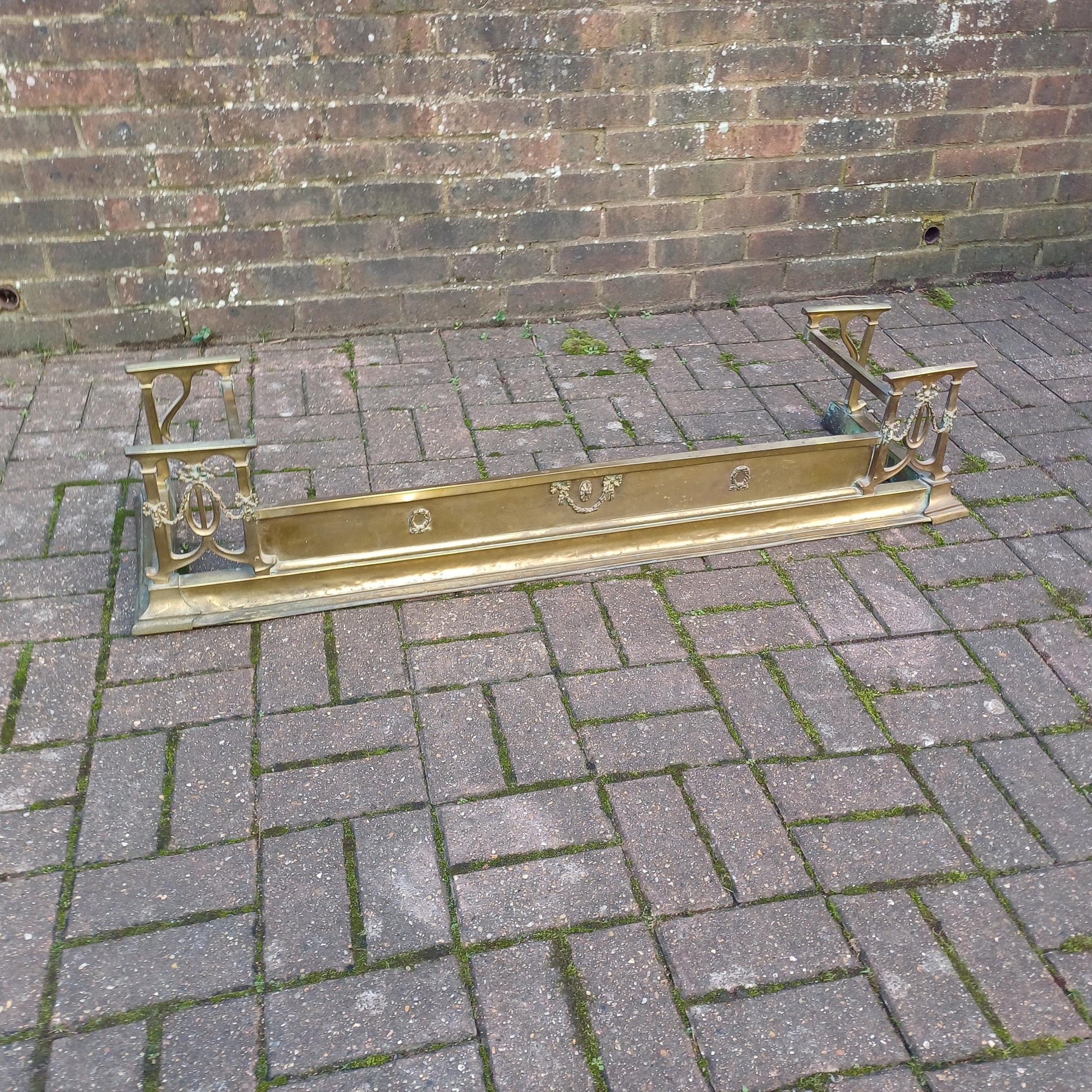 Large Vintage Brass Victorian Fireplace Fender with Aged Patina - Decorative Antique Hearth Piece