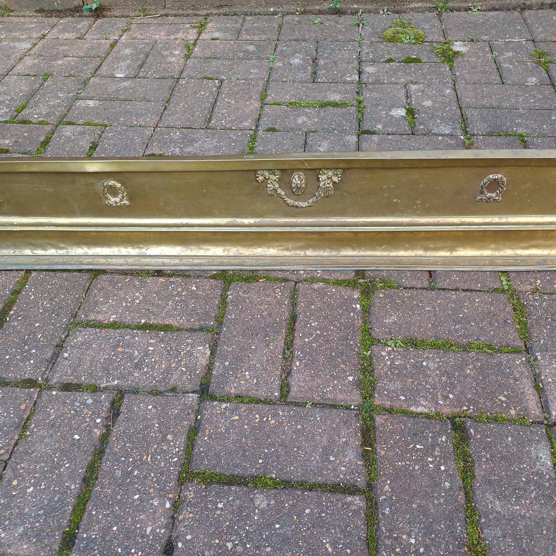 Large Vintage Brass Victorian Fireplace Fender with Aged Patina - Decorative Antique Hearth Piece
