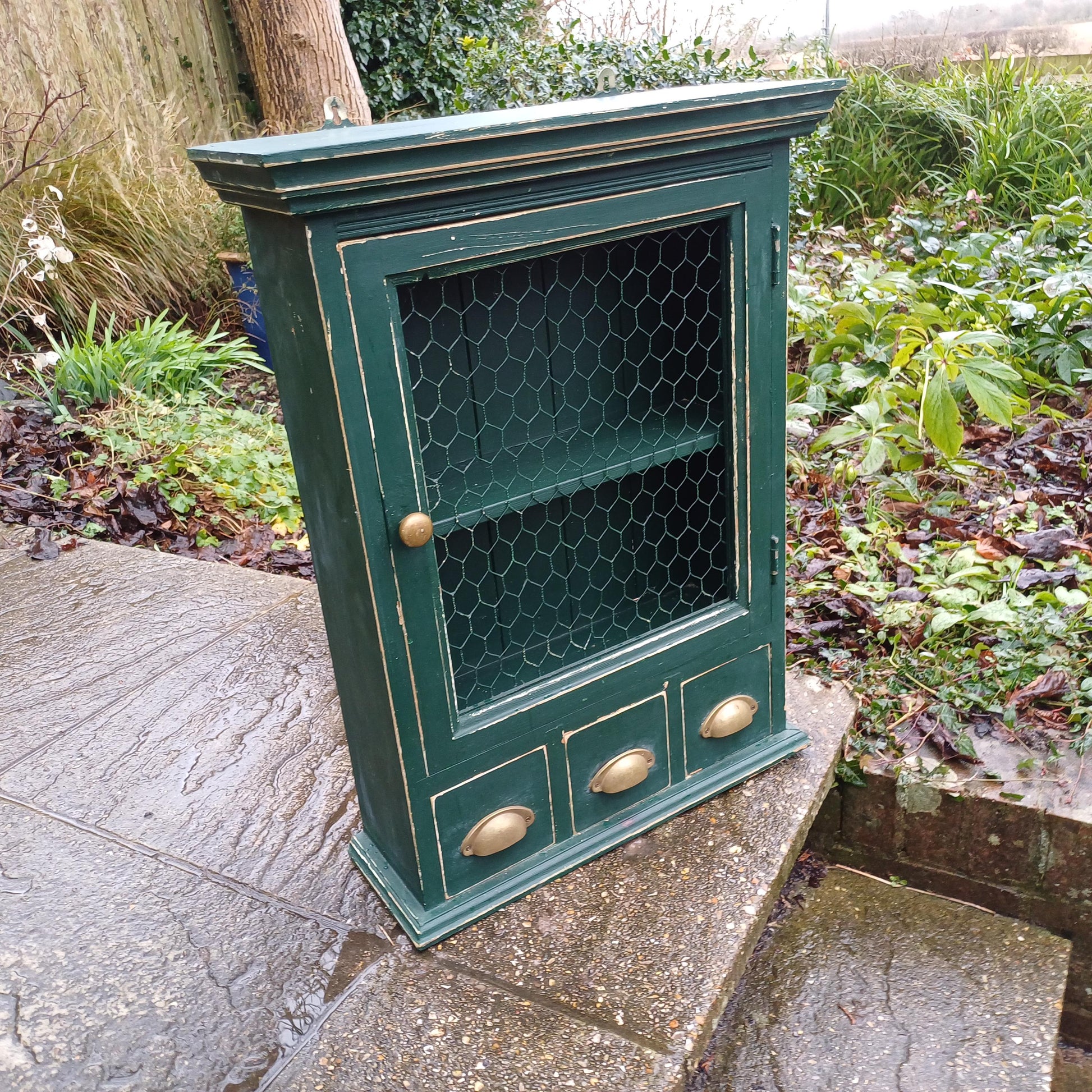 Vintage Solid Pine Painted Green Upcycled Wall Cupboard A Shabby Chic Chicken Wire Collectible!