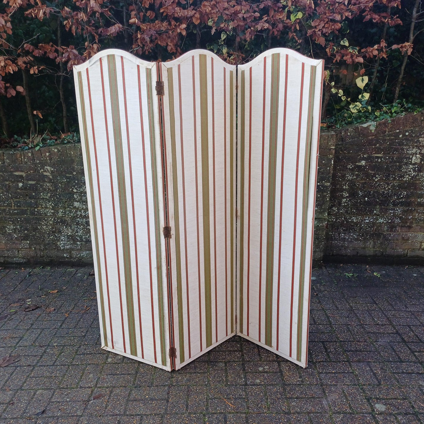 Vintage Privacy Screen or Room Divider in classic cotton striped material - quality piece 3 folds