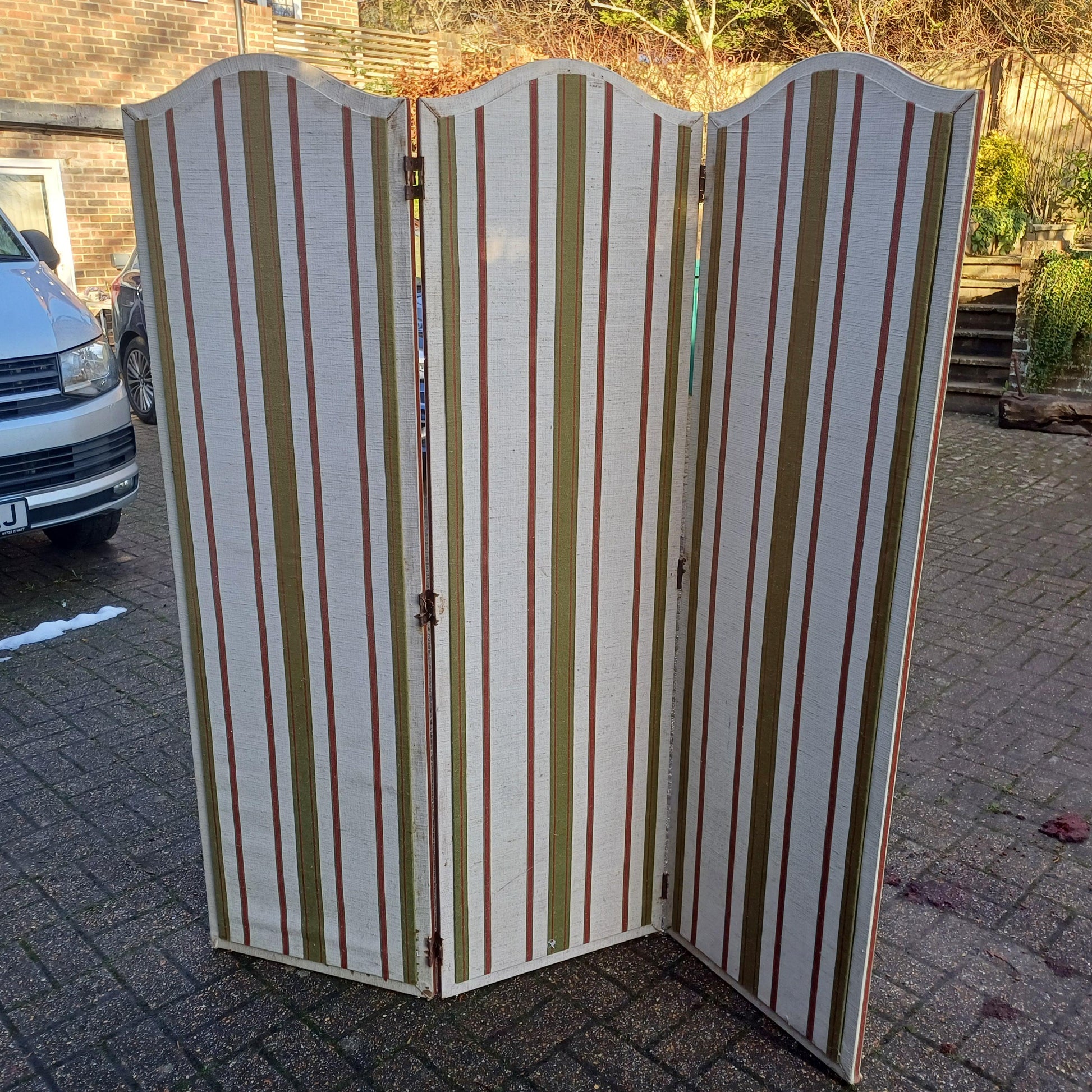 Vintage Privacy Screen or Room Divider in classic cotton striped material - quality piece 3 folds