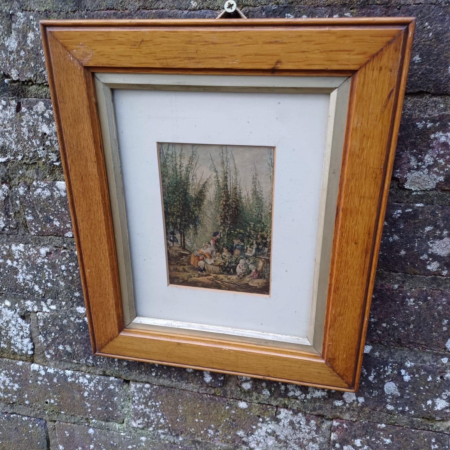 Gorgeous Frame and 1856 Baxter Print The Hop Garden in gorgeous wooden (oak) vintage glazed frame, ready to hand VGC