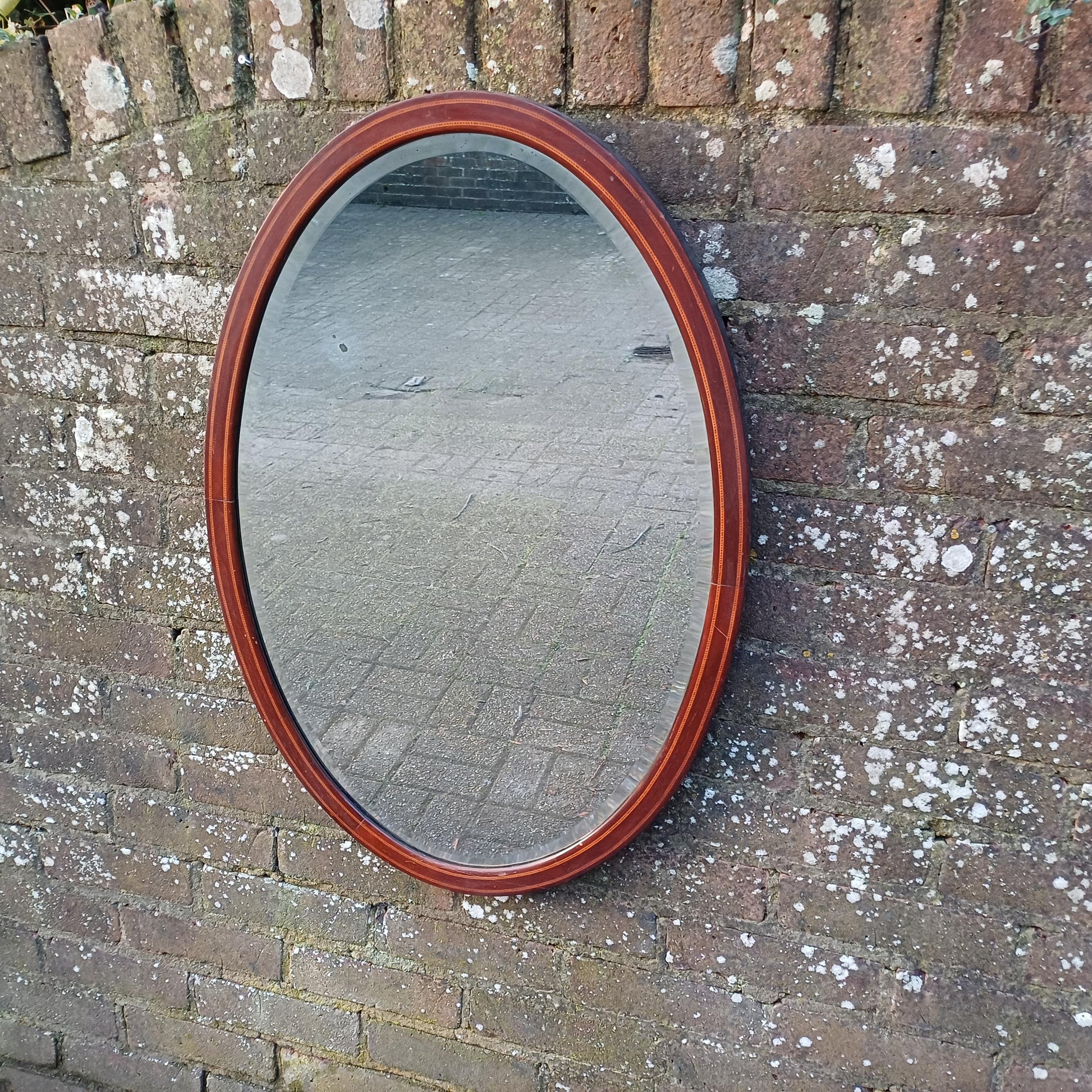 Large Vintage Oval Inlaid Mahogany Mirror with Inlaid Decoration Bevelled Glass Timeless and Versatile