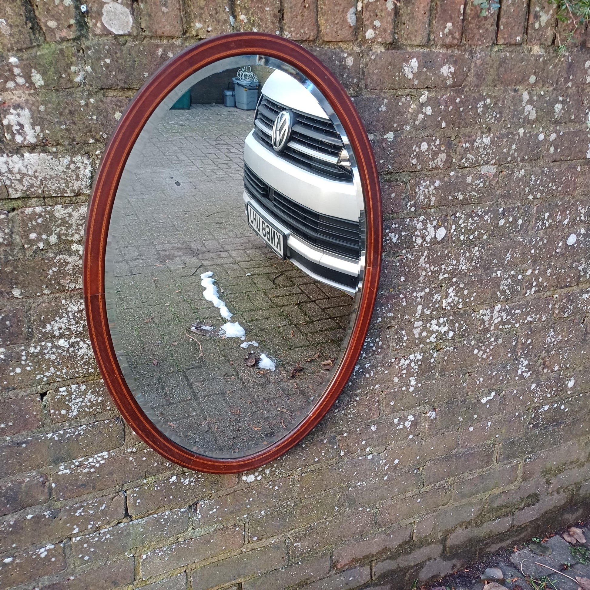 Large Vintage Oval Inlaid Mahogany Mirror with Inlaid Decoration Bevelled Glass Timeless and Versatile