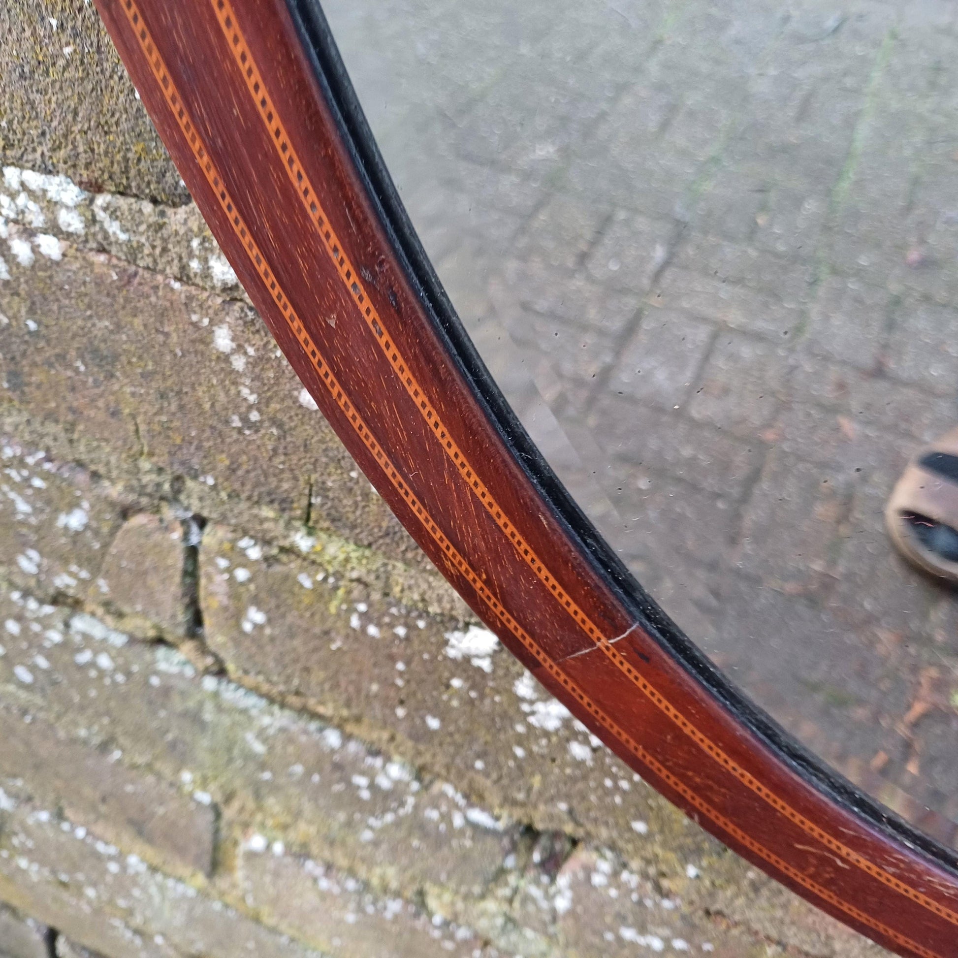 Large Vintage Oval Inlaid Mahogany Mirror with Inlaid Decoration Bevelled Glass Timeless and Versatile