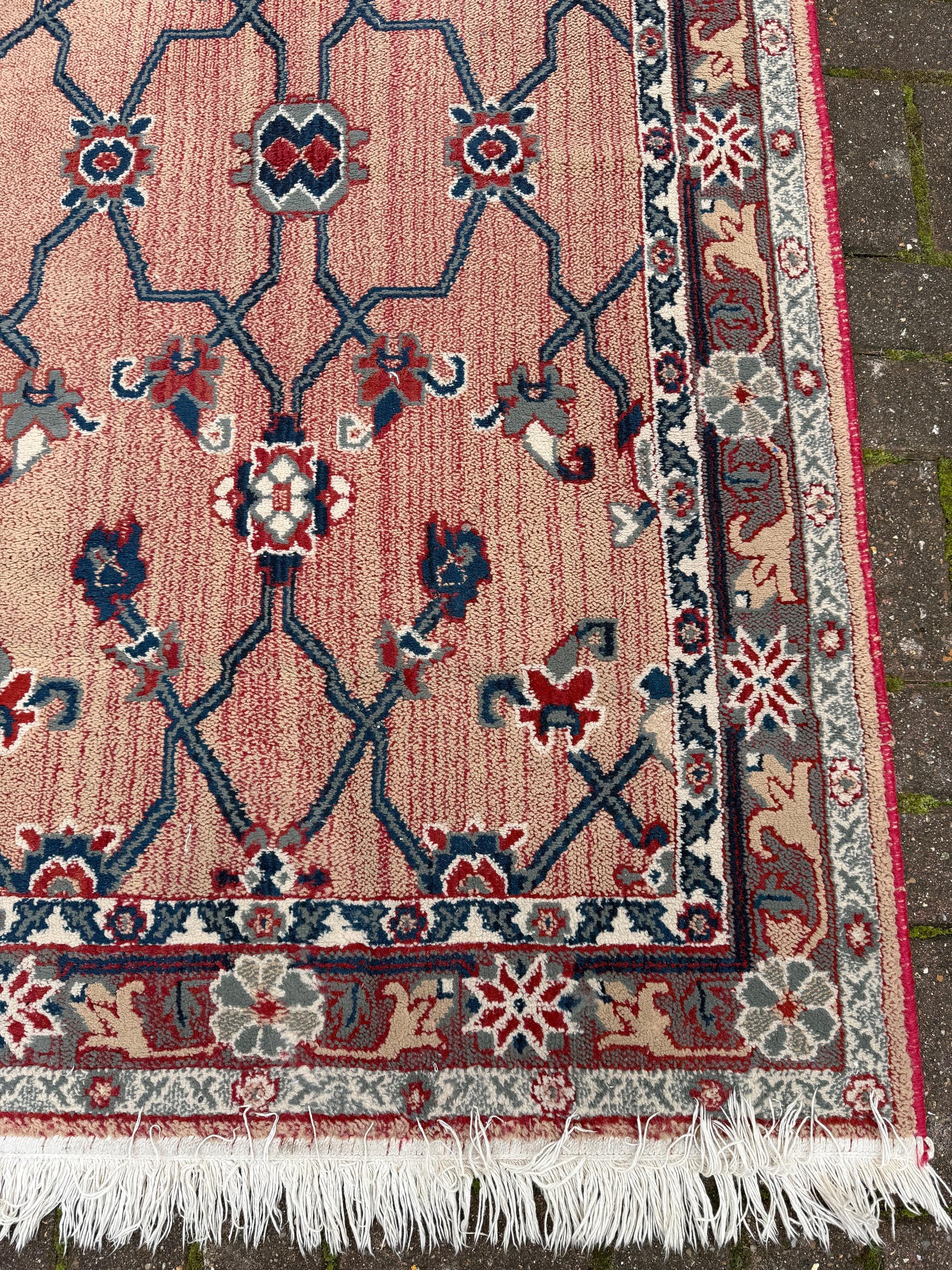 Attractive medium sized vintage rug with pink, red, blue pattern (183cm x 100cm)