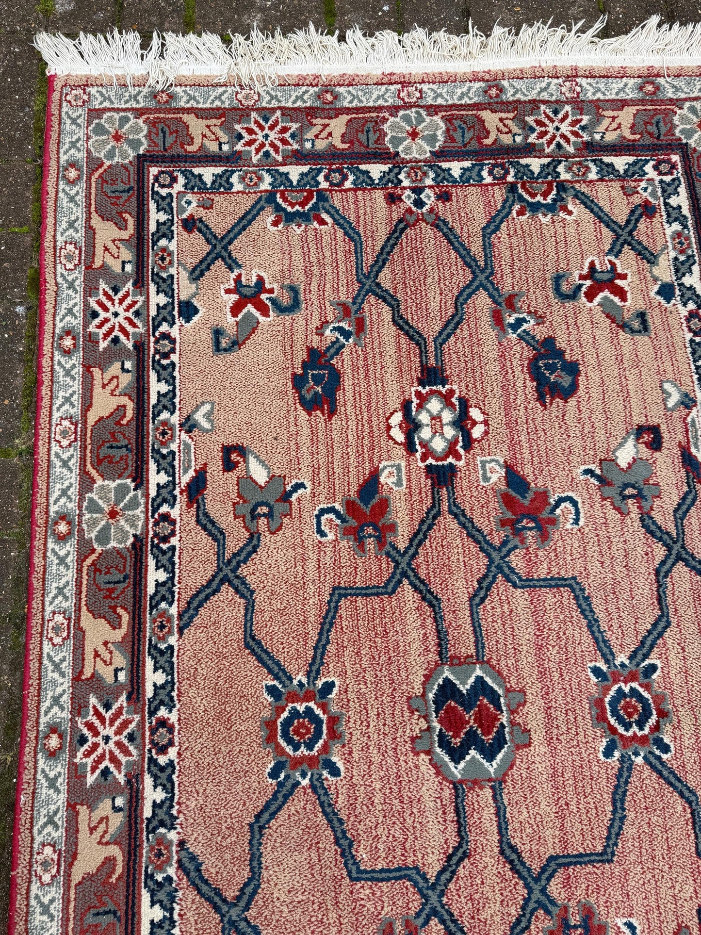 Attractive medium sized vintage rug with pink, red, blue pattern (183cm x 100cm)