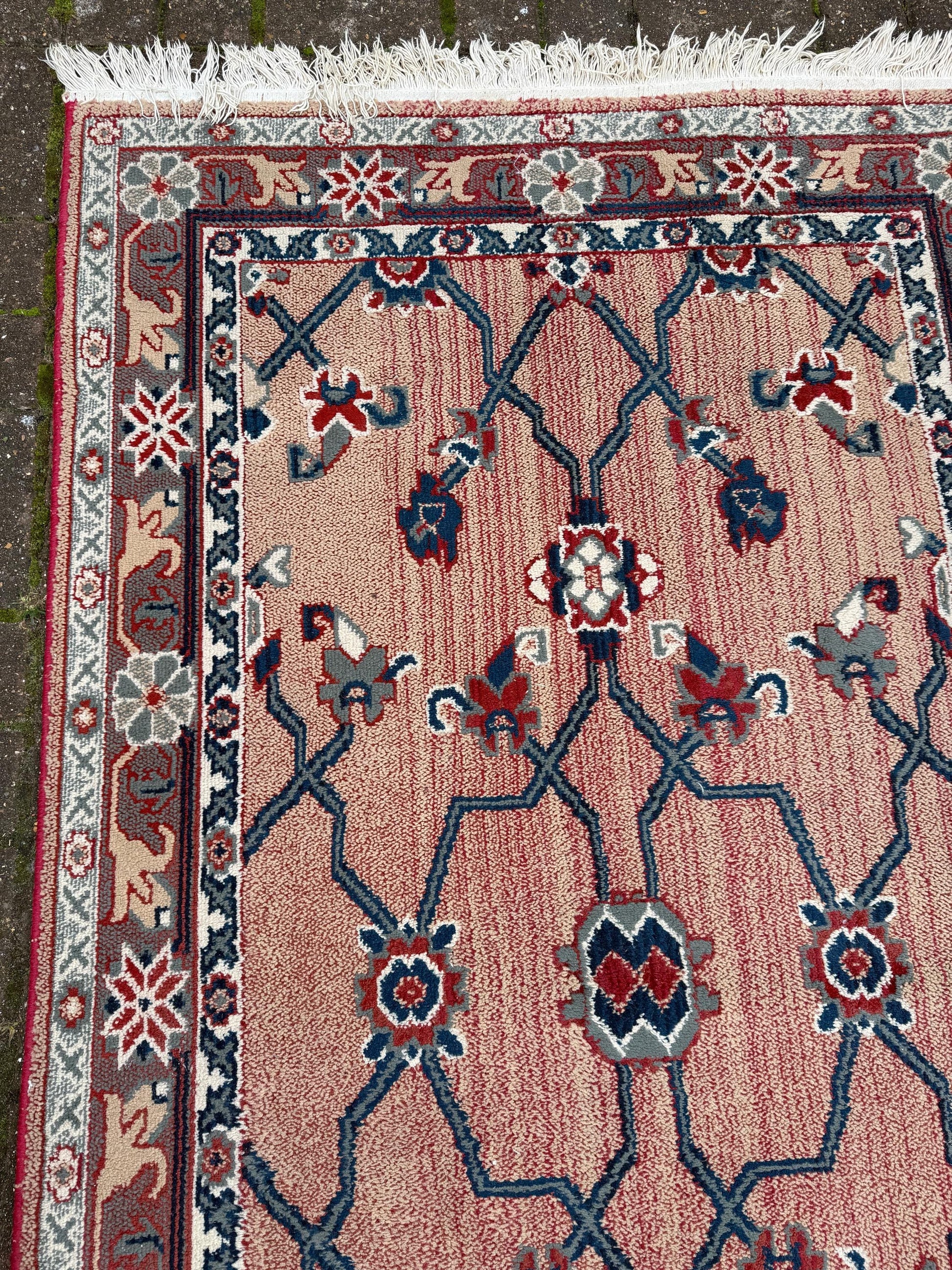 Attractive medium sized vintage rug with pink, red, blue pattern (183cm x 100cm)