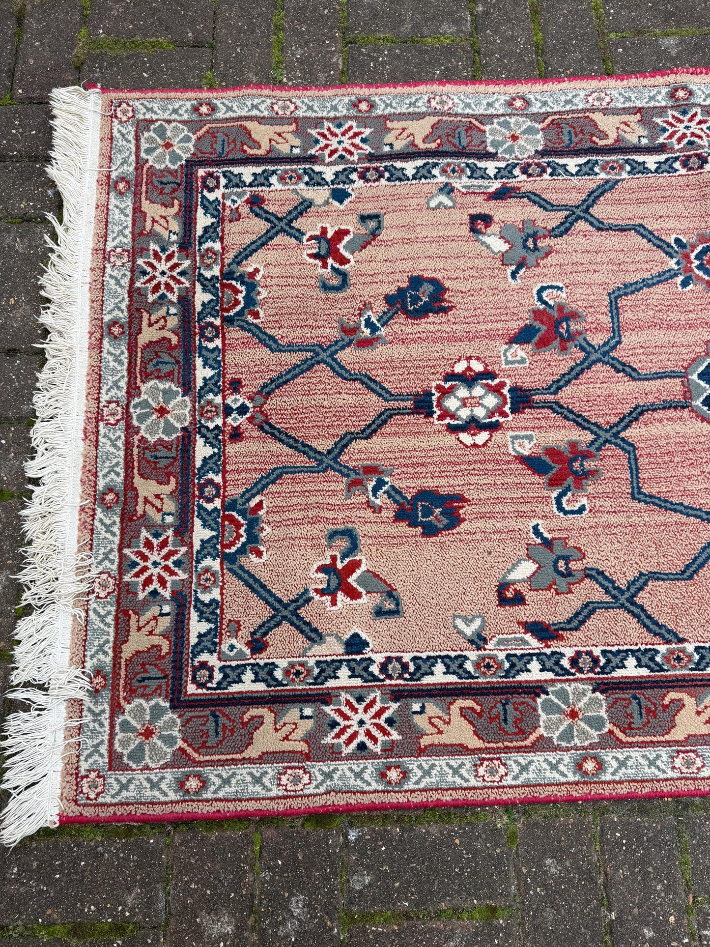 Attractive medium sized vintage rug with pink, red, blue pattern (183cm x 100cm)