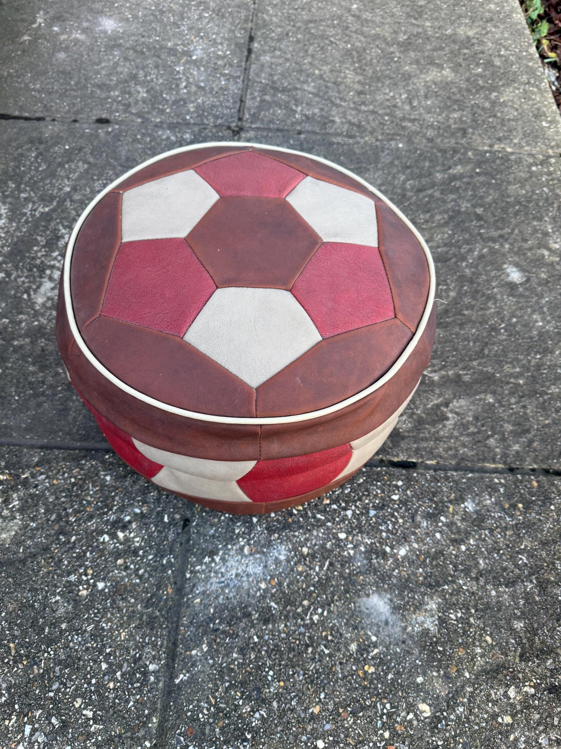 Fabulous 1970s retro leatherette matchwork pouf, ottomoan, foot stool, retro stool - 37cm w x 24cm h