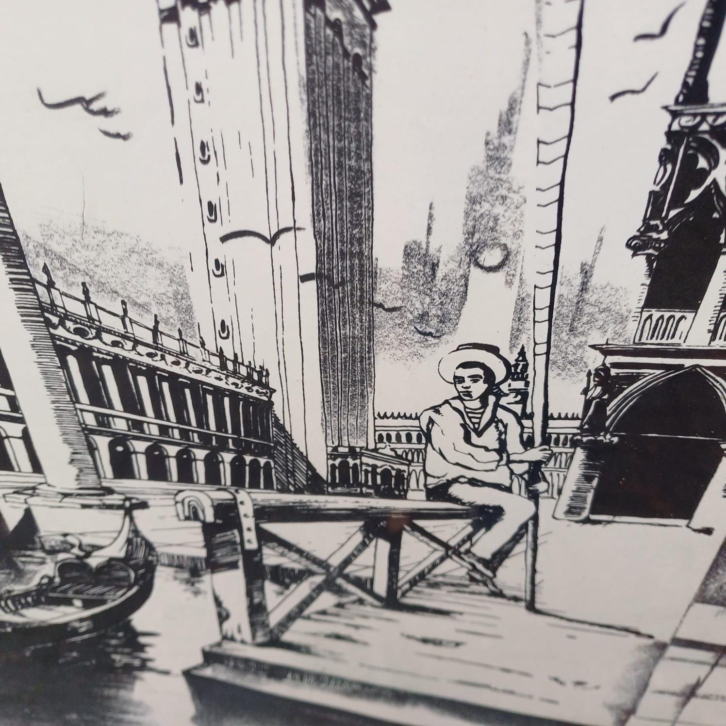 Retro Drawing of Venice, Italy in chrome retro frame - ink and charcoal, signed, drawing of St Marks Campanile, with gondola and canal