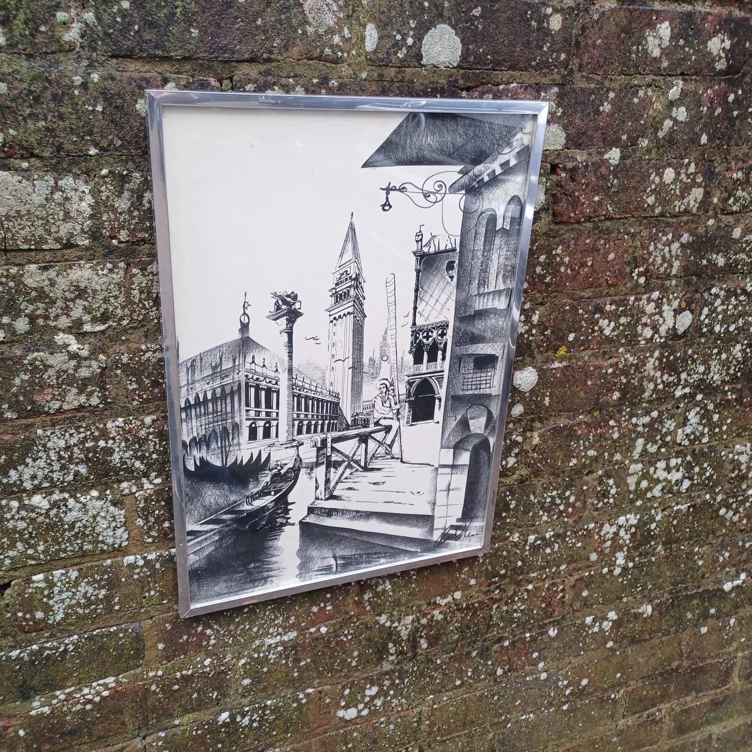 Retro Drawing of Venice, Italy in chrome retro frame - ink and charcoal, signed, drawing of St Marks Campanile, with gondola and canal