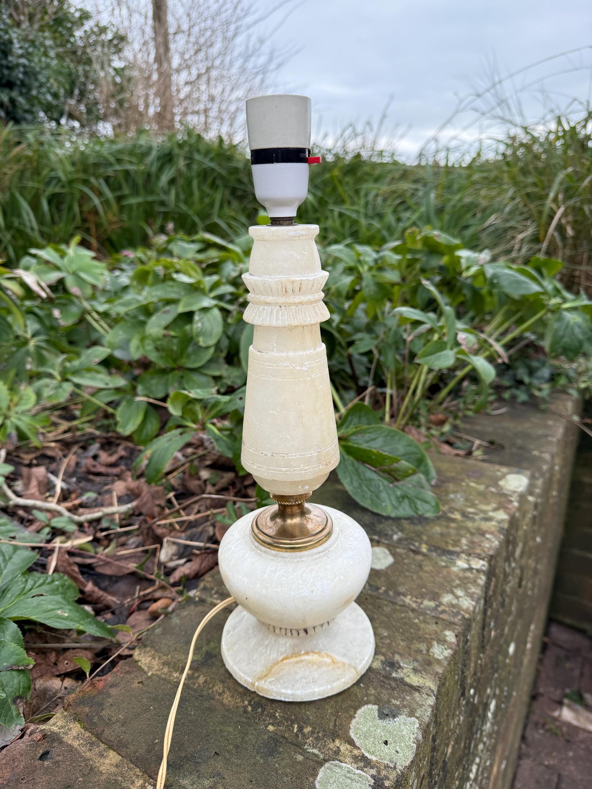 Unusual Retro Alabaster Vintage Table Lamp - white marble lamp - 37cm tall