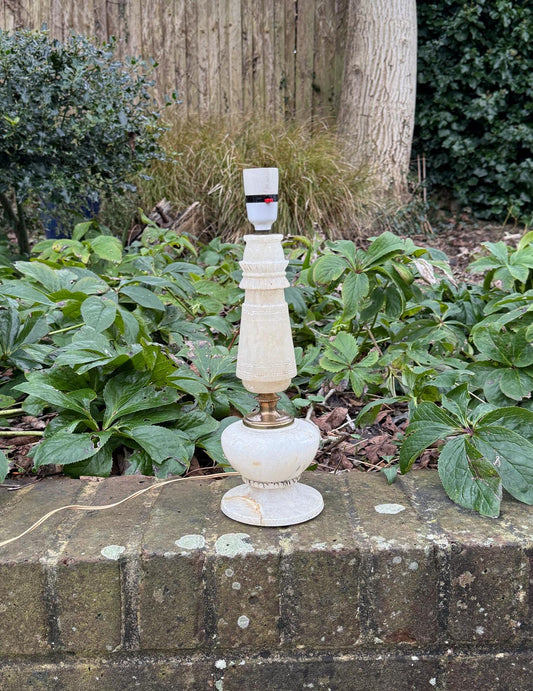 retro creamy white alabaster vintage table lamp.  Unusual shape. White stone with metal and carved detail