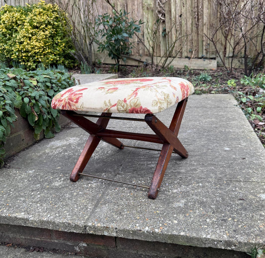 superb gout stool, vintage foot stool, vintage footstool, upholstered stool, 1950s stool, folding stool with material top