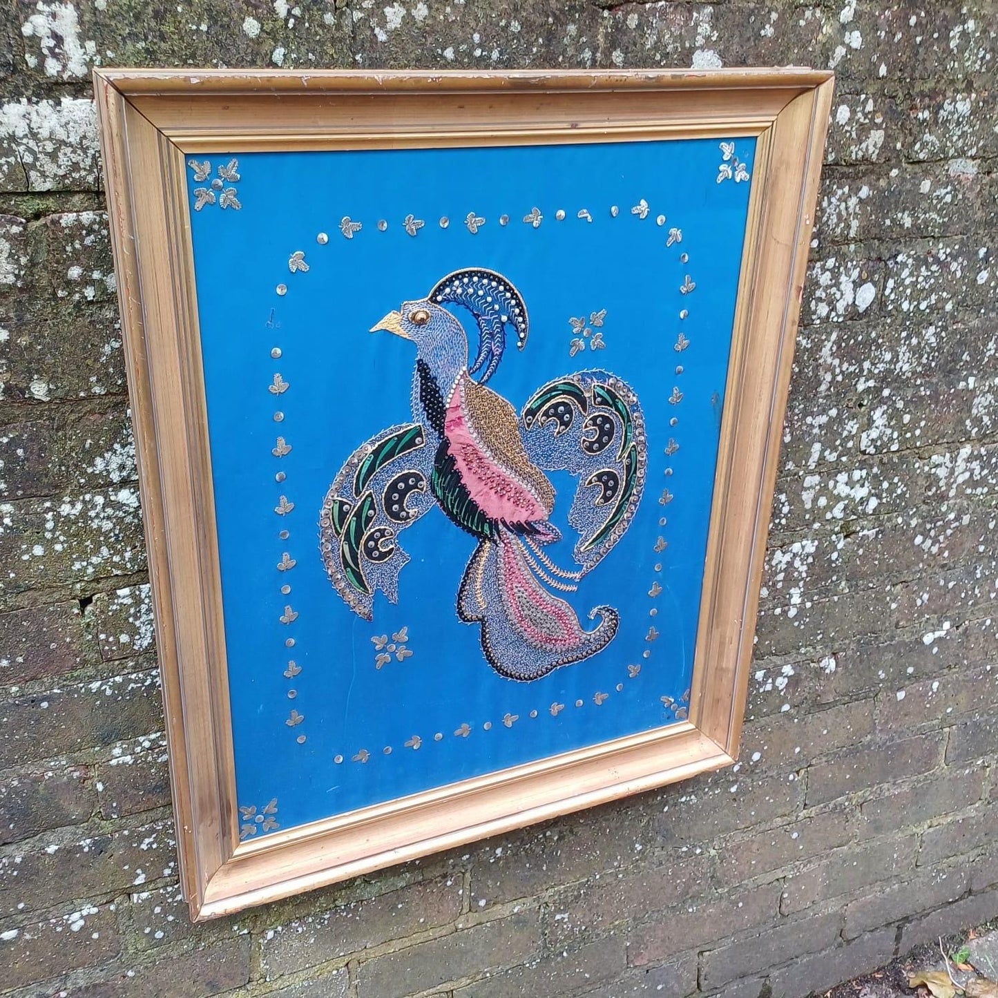 Bird of Paradise / Chakora Vintage Collage, Needlepoint and Mixed Media Picture - stunning craft work - in vintage gold frame 58cm x 71cm