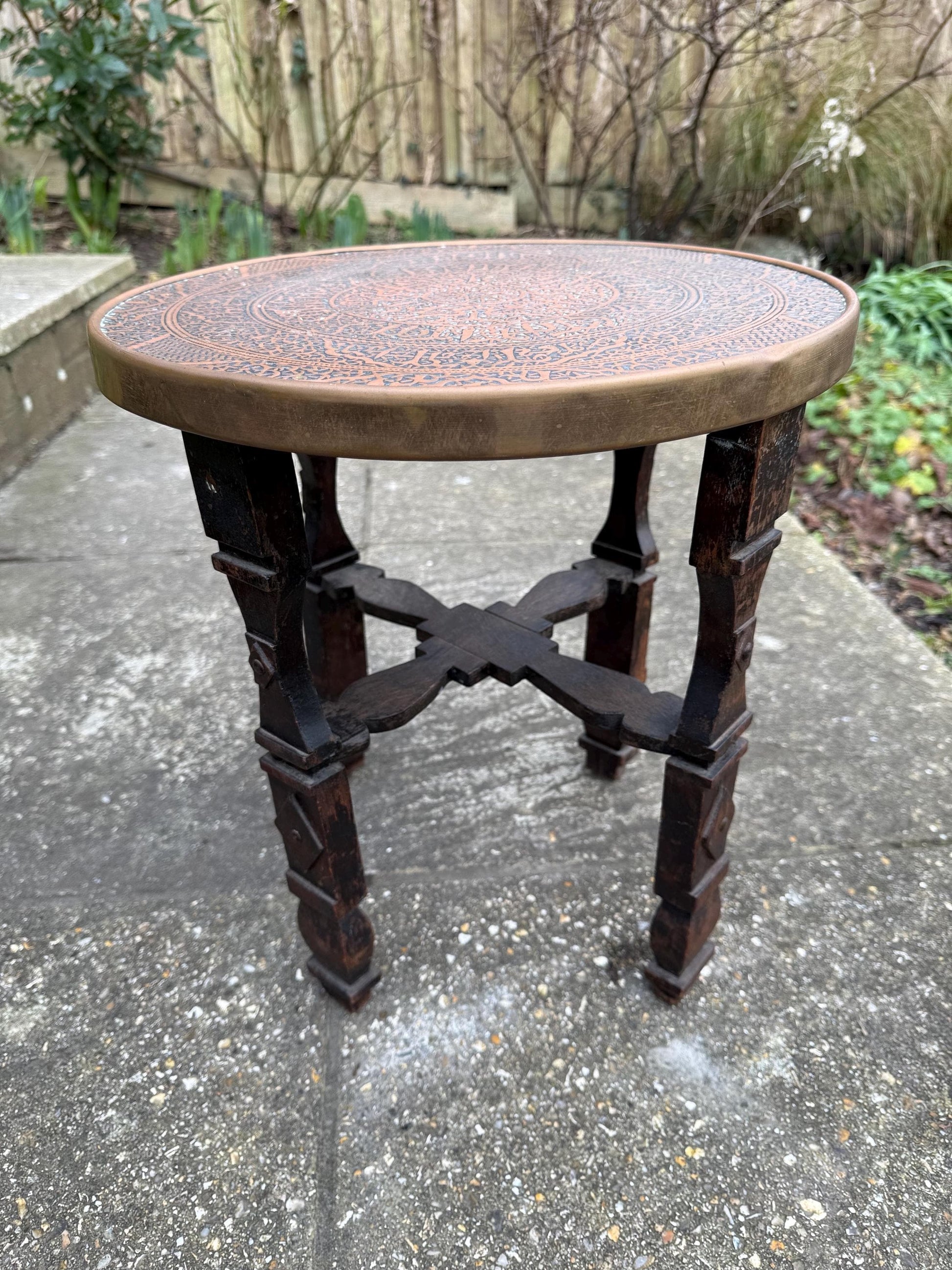 Benares Vintage Table - early to mid 20th century Benares Indian brass topped small table, plant stand 40cm h, 38cm w