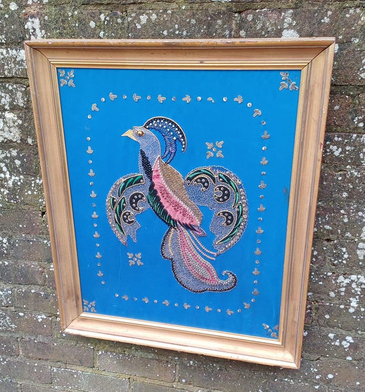 bird of paradise collage. mythical bird collage. Chakora depiction in material and embroidery.  Large gold wooden frame.  Bird craft work