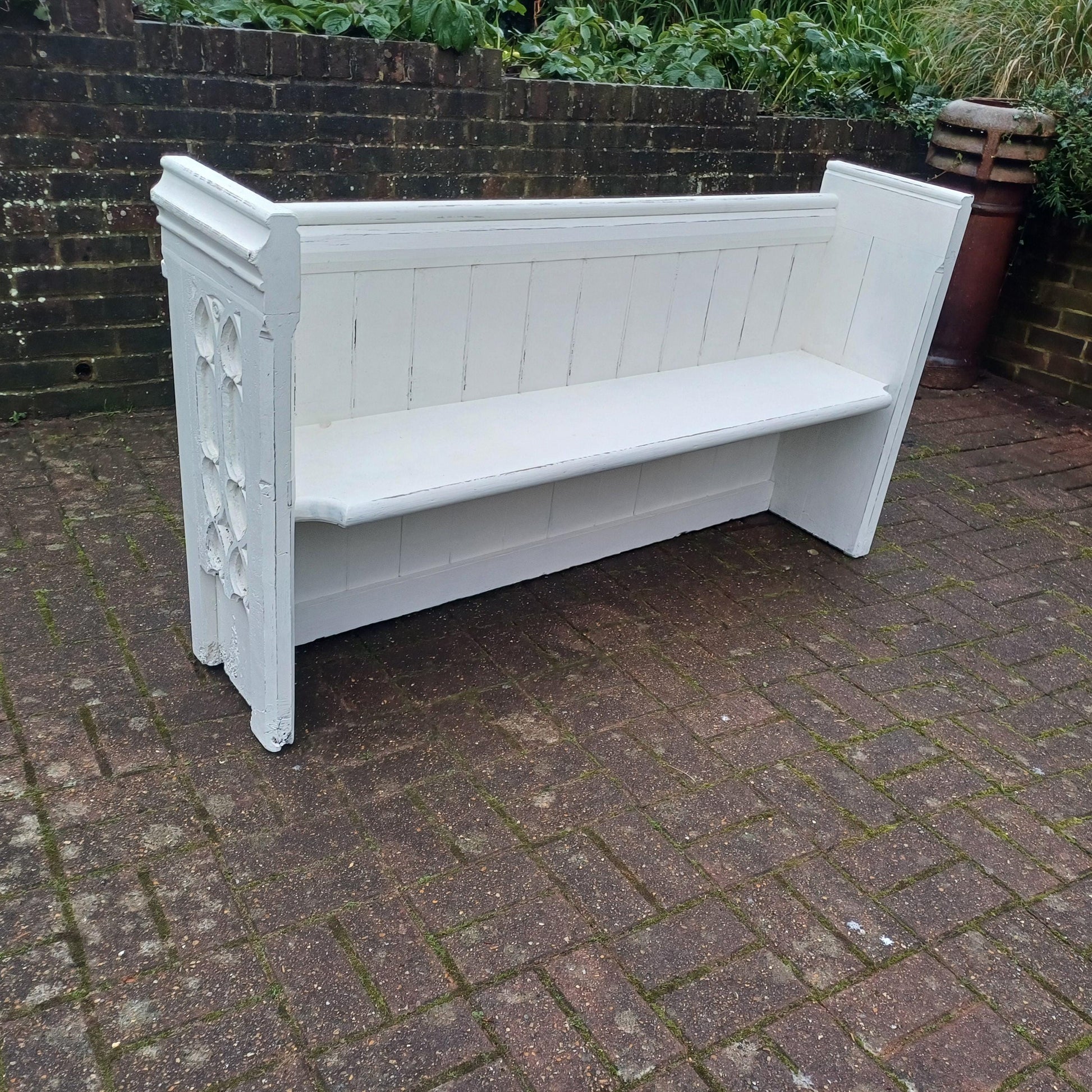 Superb Vintage Victorian Painted Rustic Pew Bench in Farrow and Ball White