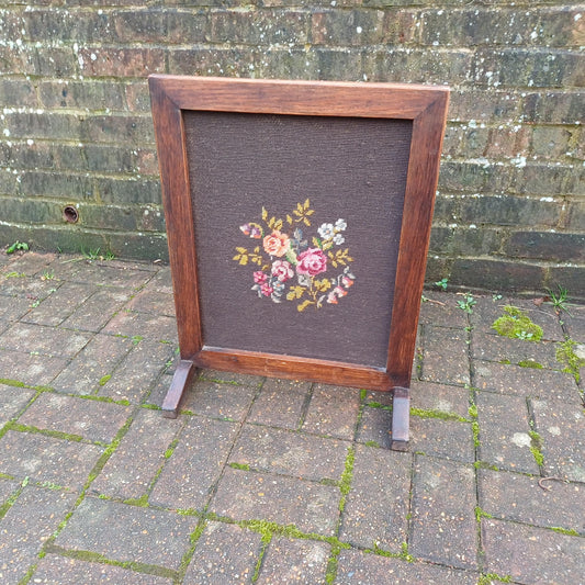Pretty Vintage Solid Oak Fire Screen with Brown Still Life Tapestry