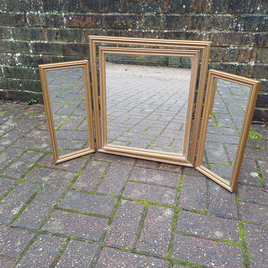 Vintage Retro Classic Gold Gilt 80s Adjustable Triple Mirror Silver Highlights