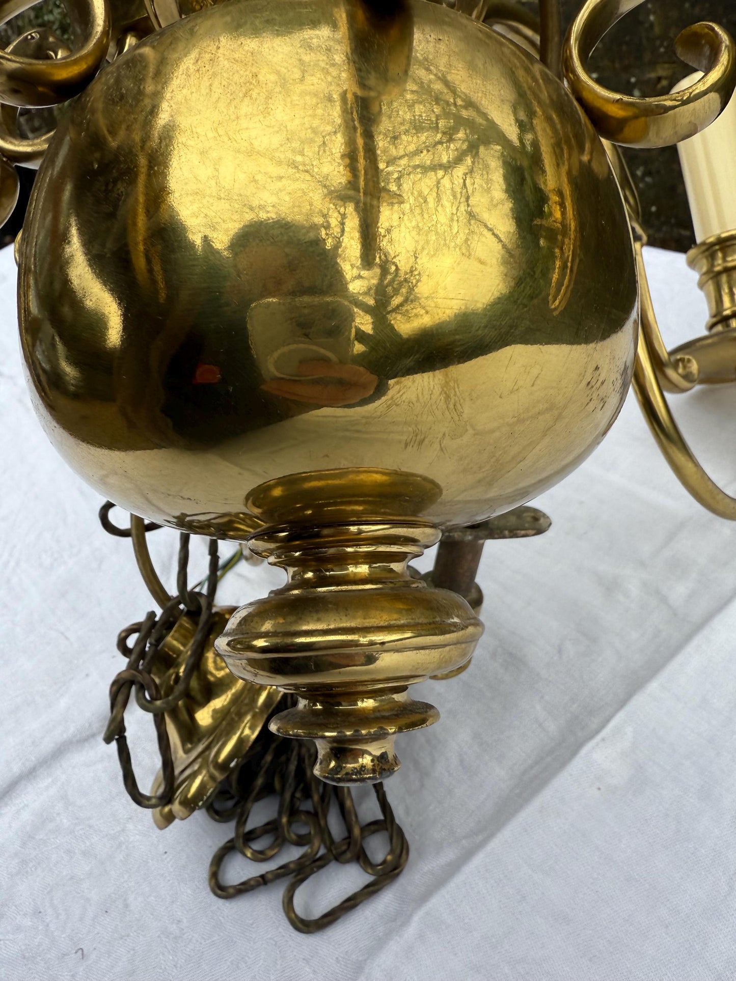 Quality mid-century Dutch brass chandelier, ball and ring design with birds and fish - heavy, original piece