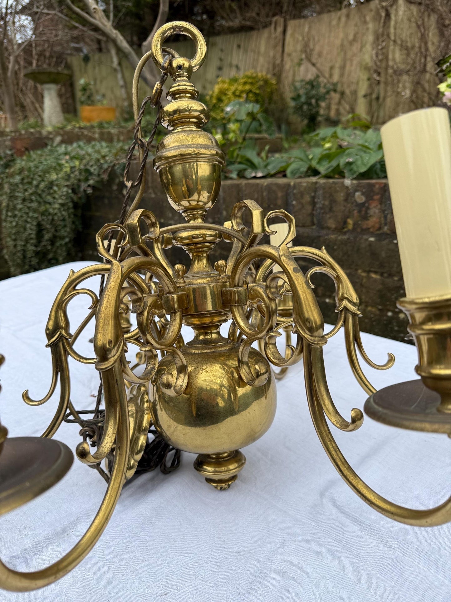 Quality mid-century Dutch brass chandelier, ball and ring design with birds and fish - heavy, original piece